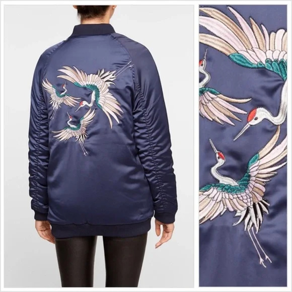 Zoe Karssen Navy Long Satin Bomber Jacket Big in Japan Size XS NWT $325 - Picture 2 of 14